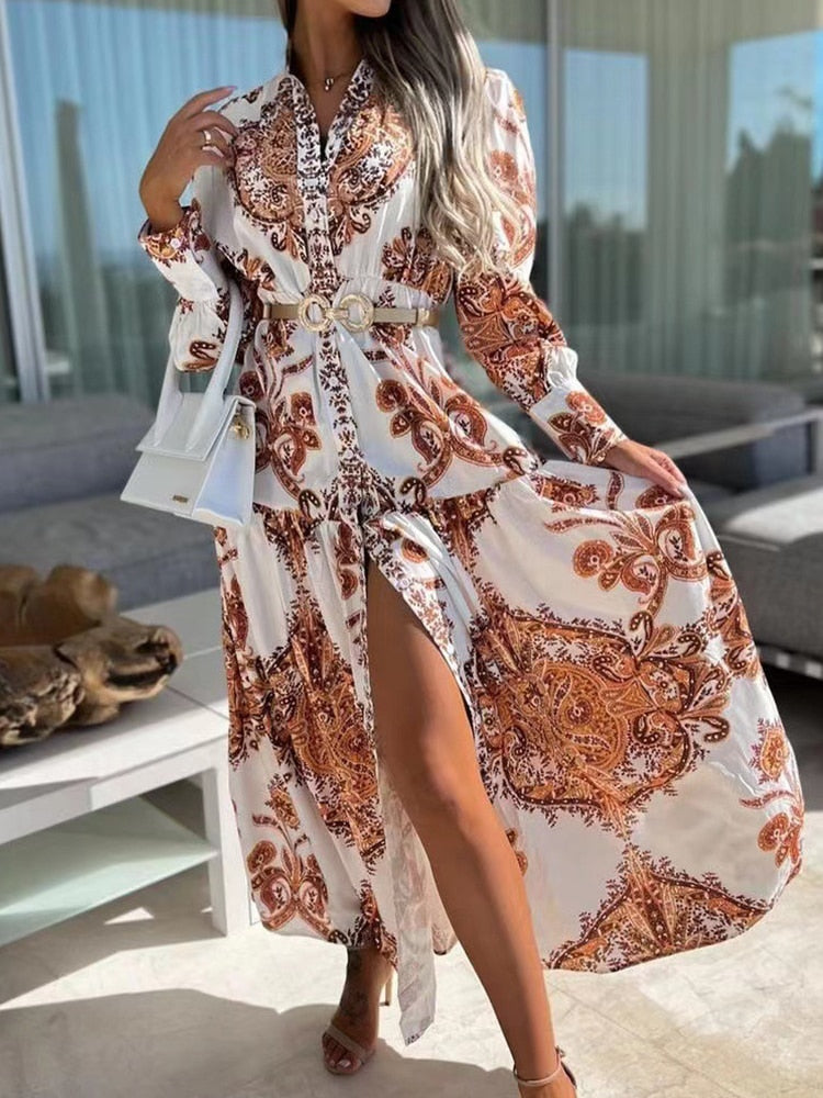 Elegant Printed Boho V Neck Single Breasted Lantern Sleeve Dress