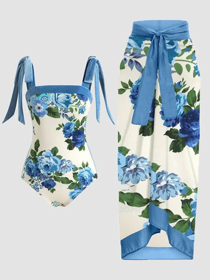 Retro Holiday Bowknot One Piece Swimsuit with Skirt