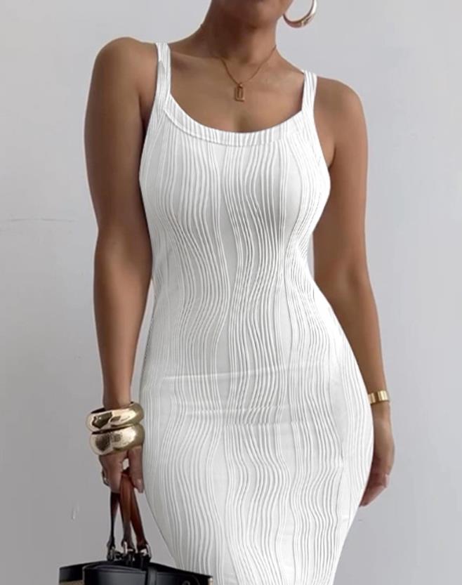 Summer Fashion Textured U-Neck Sleeveless Casual Plain Skinny Maxi Dress