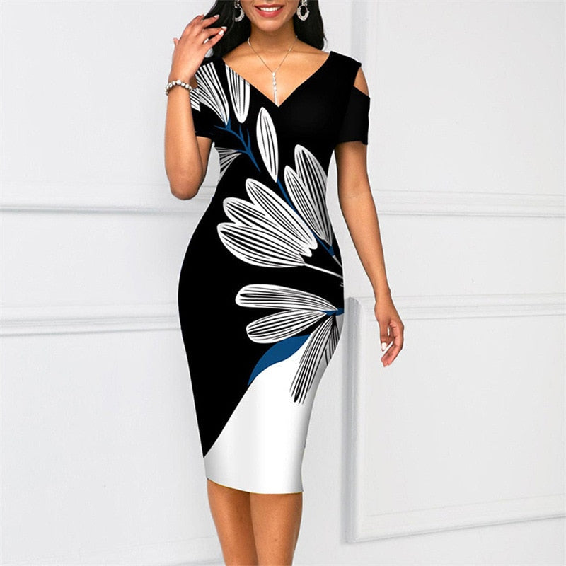 Summer V Neck Elegant Print Patchwork Slim Work Dress