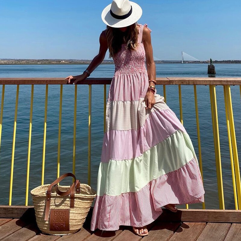 Spring Off Shoulder Bow Sling Maxi Dress