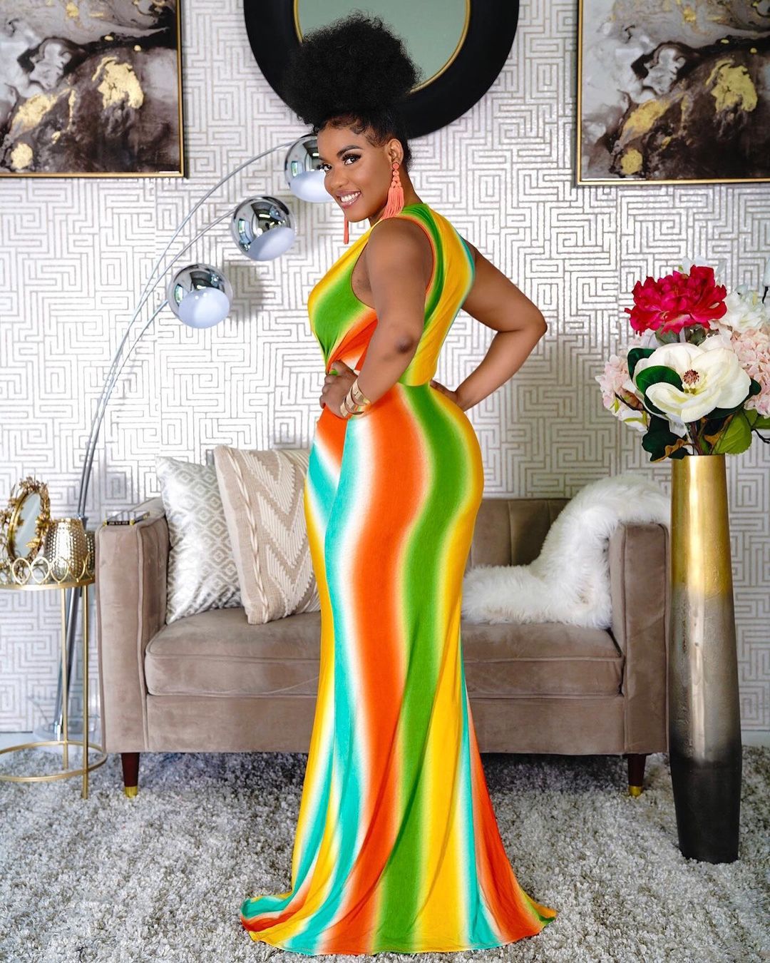 Fashion Print African High Waist V-neck Maxi Dress