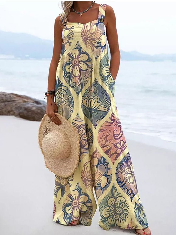 Vintage Print Double Pocket Bib Jumpsuit