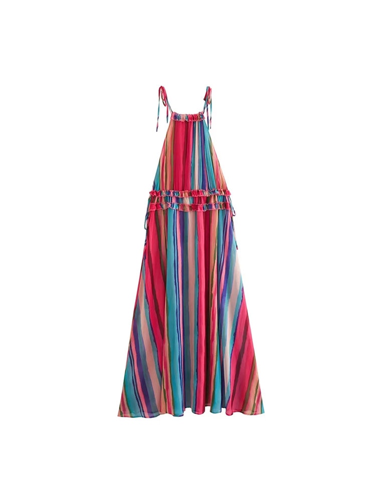 Sleeveless Beach Striped Ruffle Maxi Dress