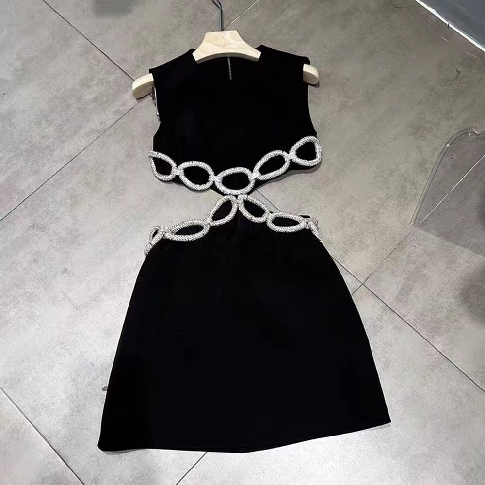 Sexy Backless Cut-Out Diamond Luxury Black Tight Mini Dress