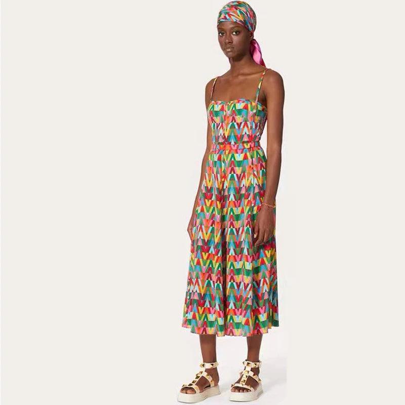 Summer Color Lettered Printed Spaghetti Strap Dress
