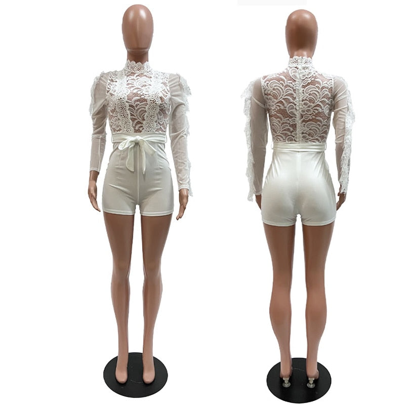 O Neck Ruffles Long Sleeve Lace Patchwork Rompers