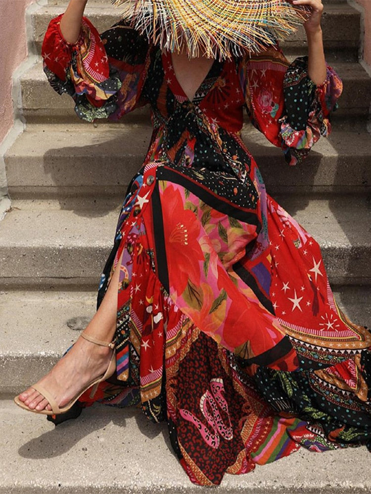 Spring Summer Elegant V-Neck Bohemian Loose Maxi Dress