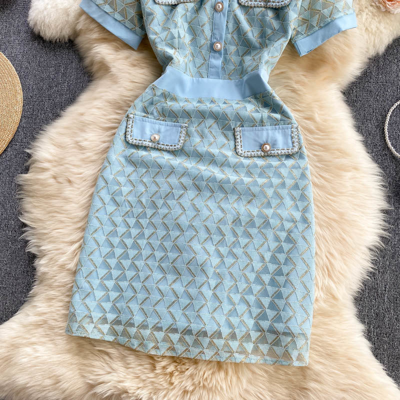 Summer Elegant Short-sleeved Turn Down Collar Buttons Geometric Dress