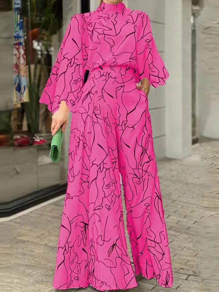 Spring Autumn Elegant Print Long Sleeve Loose Jumpsuit