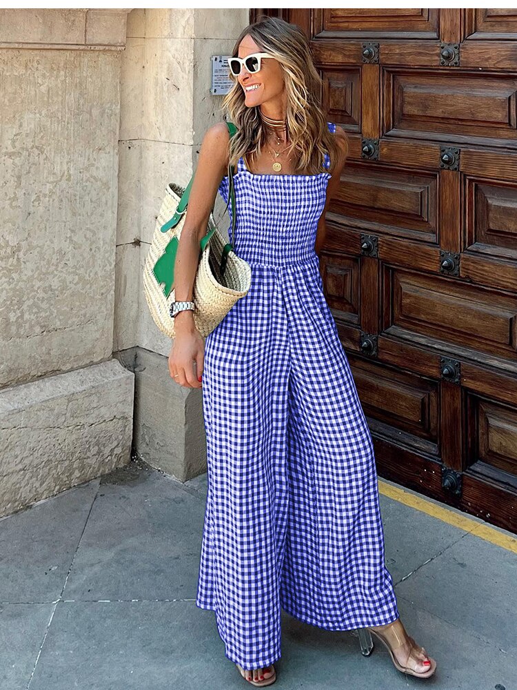 Summer Vintage Holiday Spaghetti Strap Elegant Boho Plaid Jumpsuit