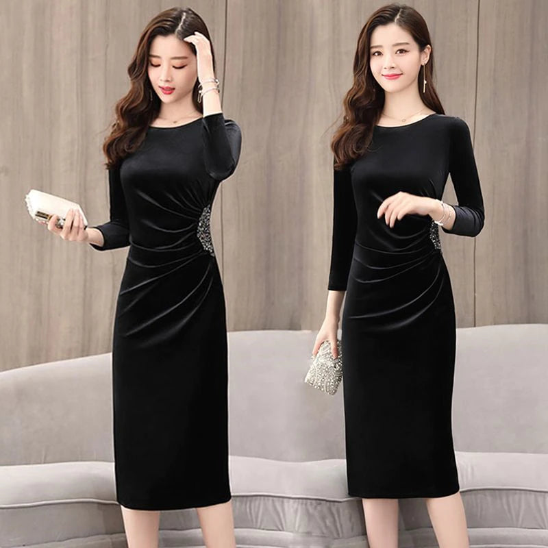 Elegant Long Sleeve Slim Pleated Sequin Velvet Dress