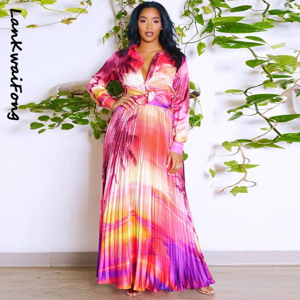 Vintage Tie Dye Leaf Printed Long Sleeve Shirt and Pleated Maxi Skirt