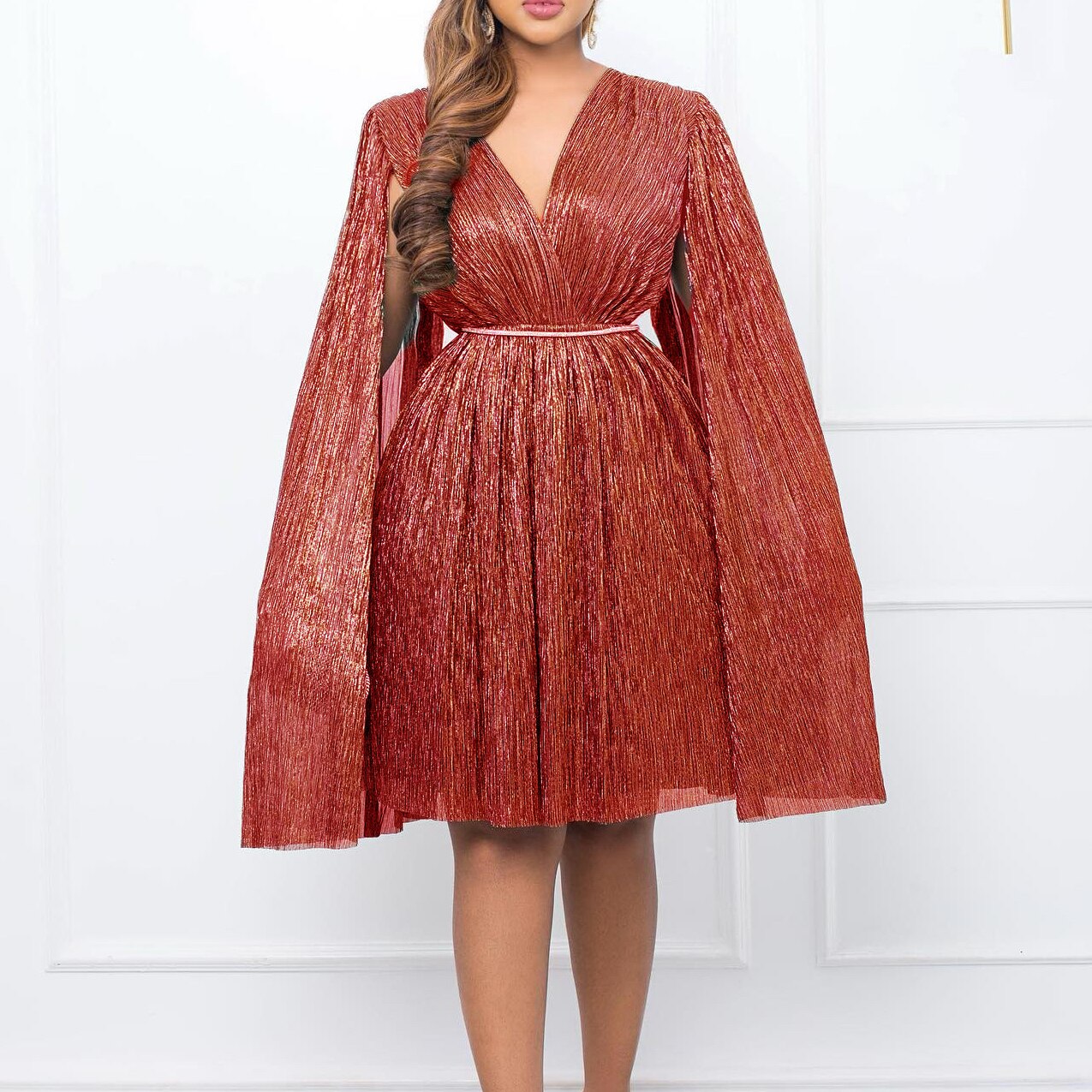 Elegant Pleated V Neck Ruched Formal Party Cloak Mini Dresses