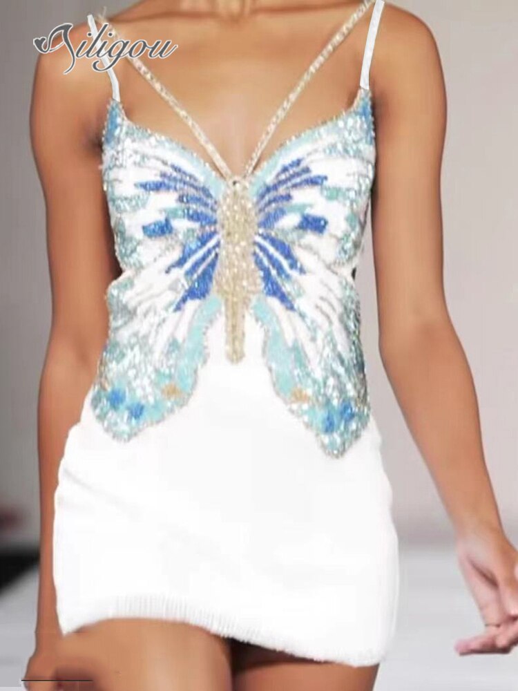 Skinny Sexy Sleeveless Sling Butterfly Beaded Shiny Mini Bandage Dress