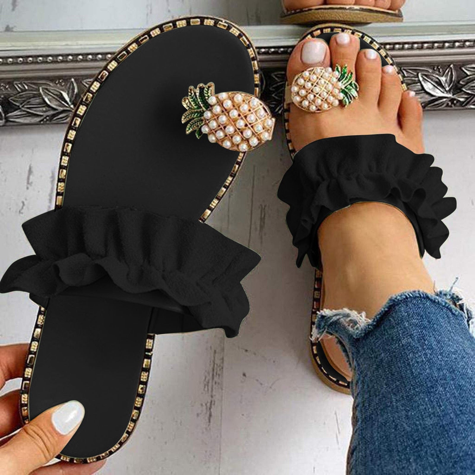 Pineapple Pearl Flat Toe Bohemian Summer Beach Sandals