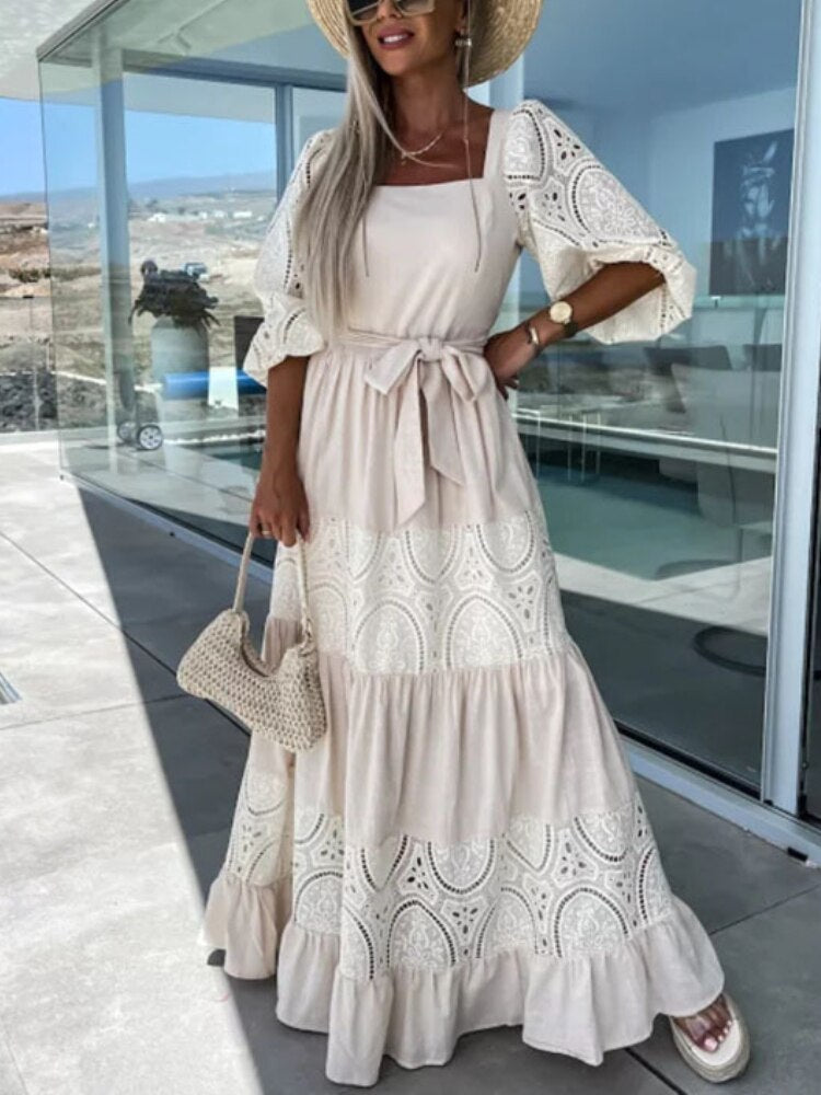 Lace Hollow Out Square Collar Short Sleeve Maxi Dress with Belt