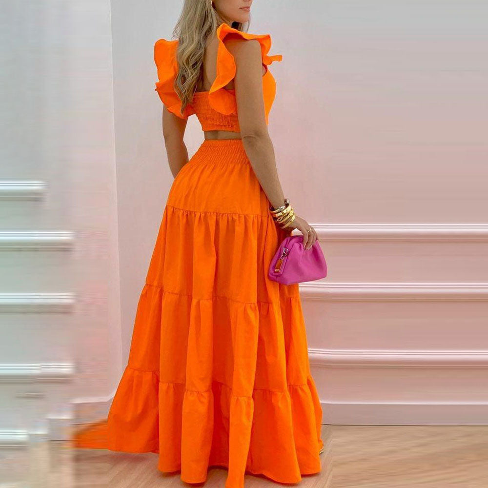 Summer Crop Top & High Waist Loose Maxi Skirts Set