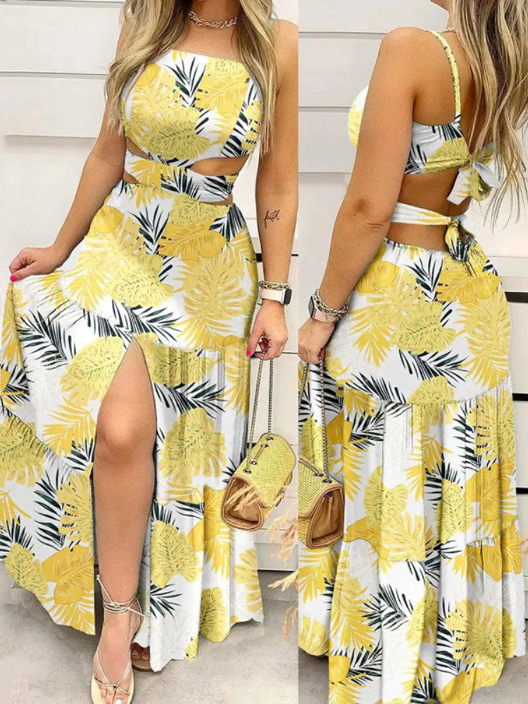 Elegant Print Lace Up Strap Long Split  Bodycon Sexy Summer Dress