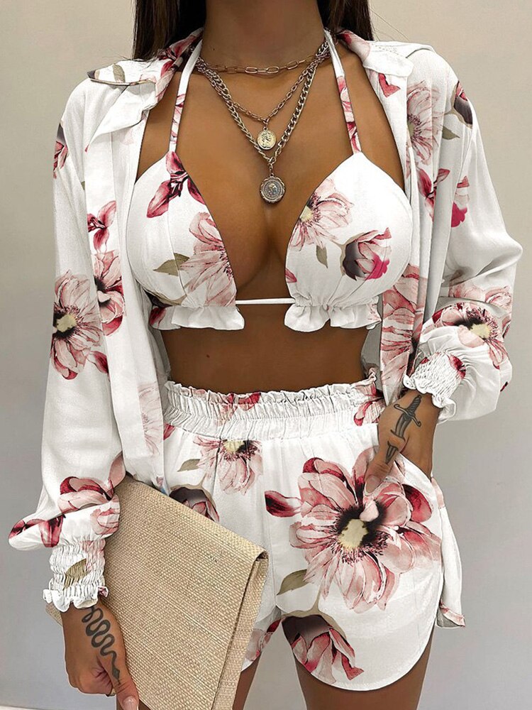 Tropical Print Lantern Sleeve Open Stitch Shirt & Shorts Set with Crop Top