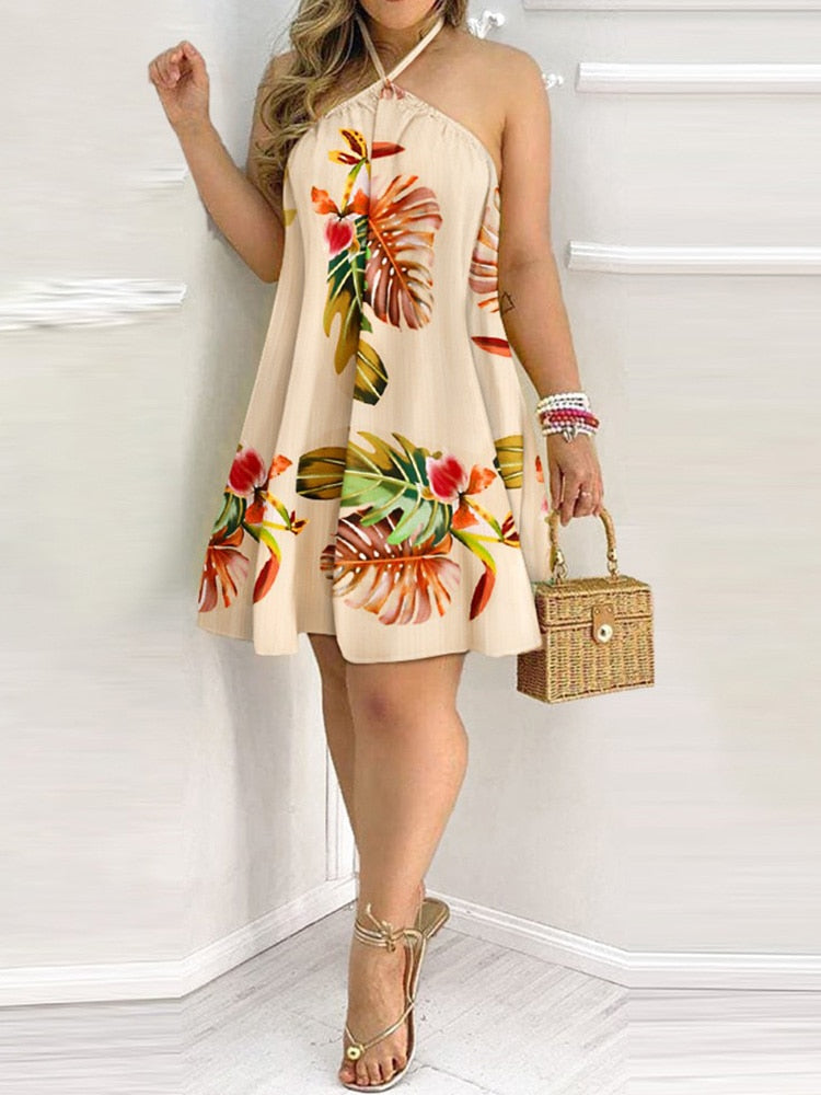 Tropical Print Halter Backless Casual Dress