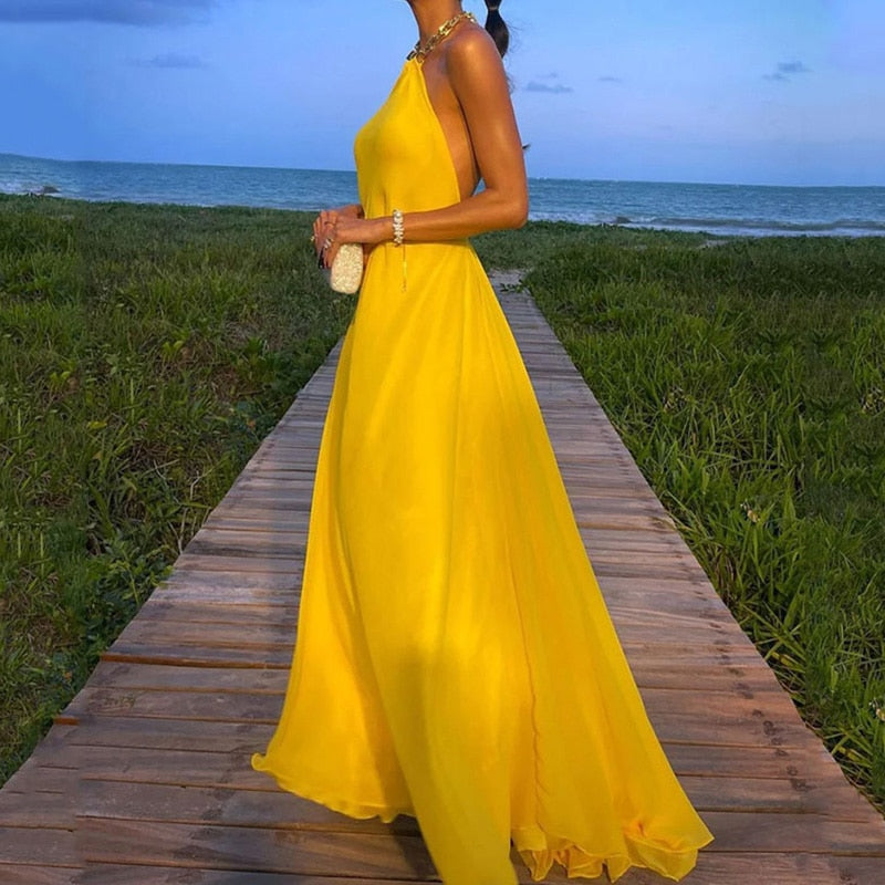 Elegant Solid Swing Chain Halter Backless Evening Dress