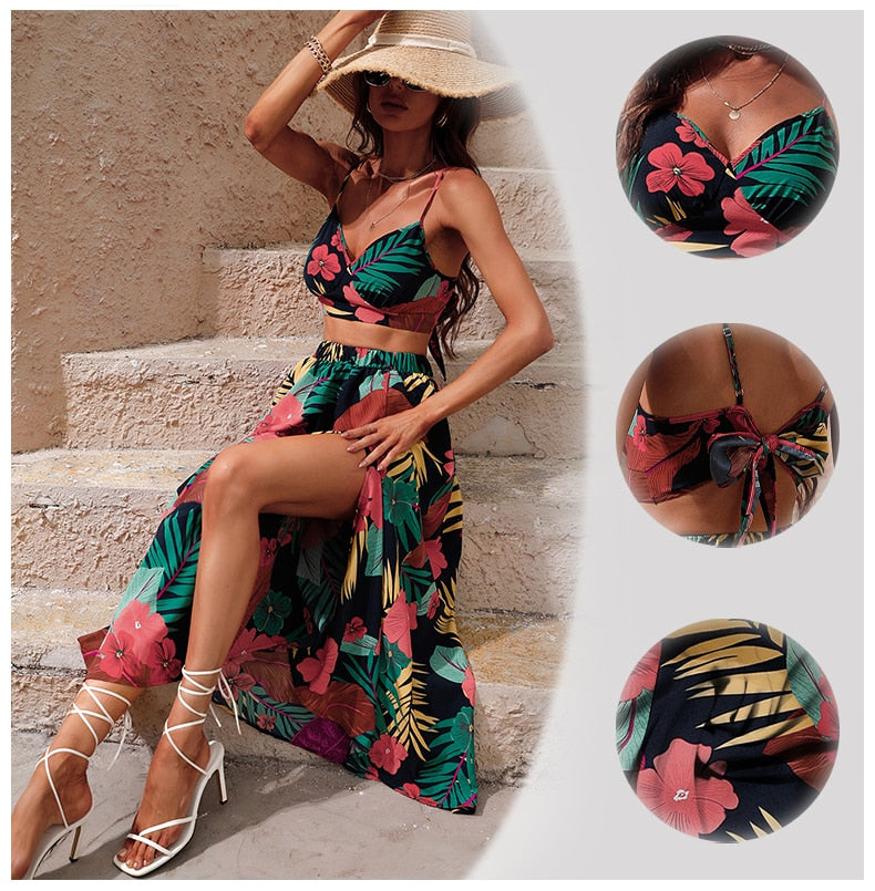 Bikini Crop Tops Floral Print Maxi Skirt Boho Set