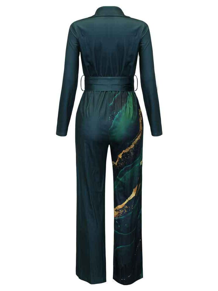 Autumn and Winter Fashion Print Long Sleeve Lapel Loose Casual Jumpsuit