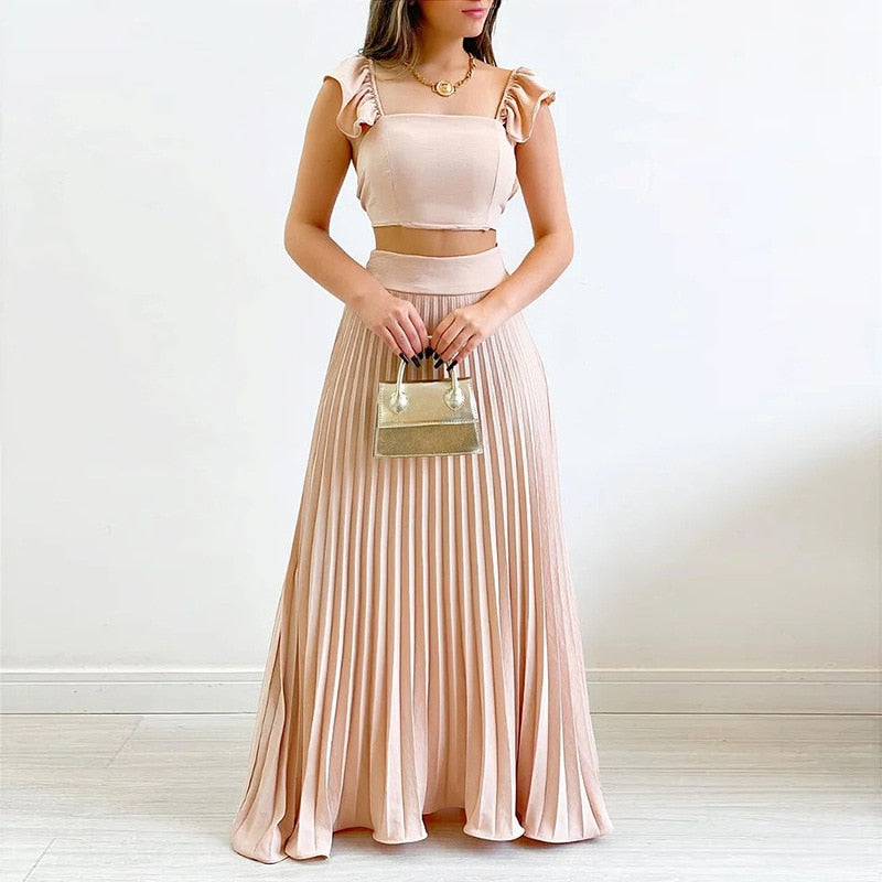 Solid Short Tank Top High Waist Pleated Half Length Dress Fashion Casual Set