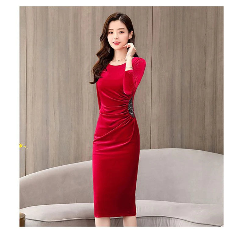 Elegant Long Sleeve Slim Pleated Sequin Velvet Dress