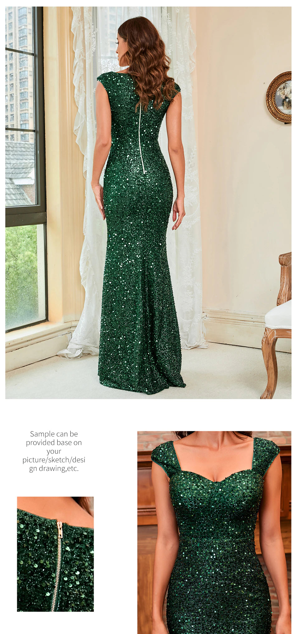 Square Collar Spaghetti Strap Mermaid Floor-Length Sequin Dress