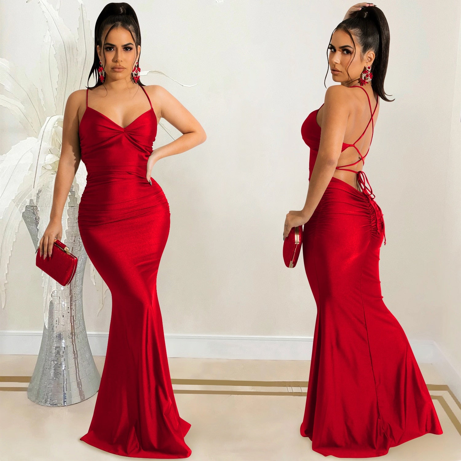 Ruched Backless Sexy Party Maxi Dress