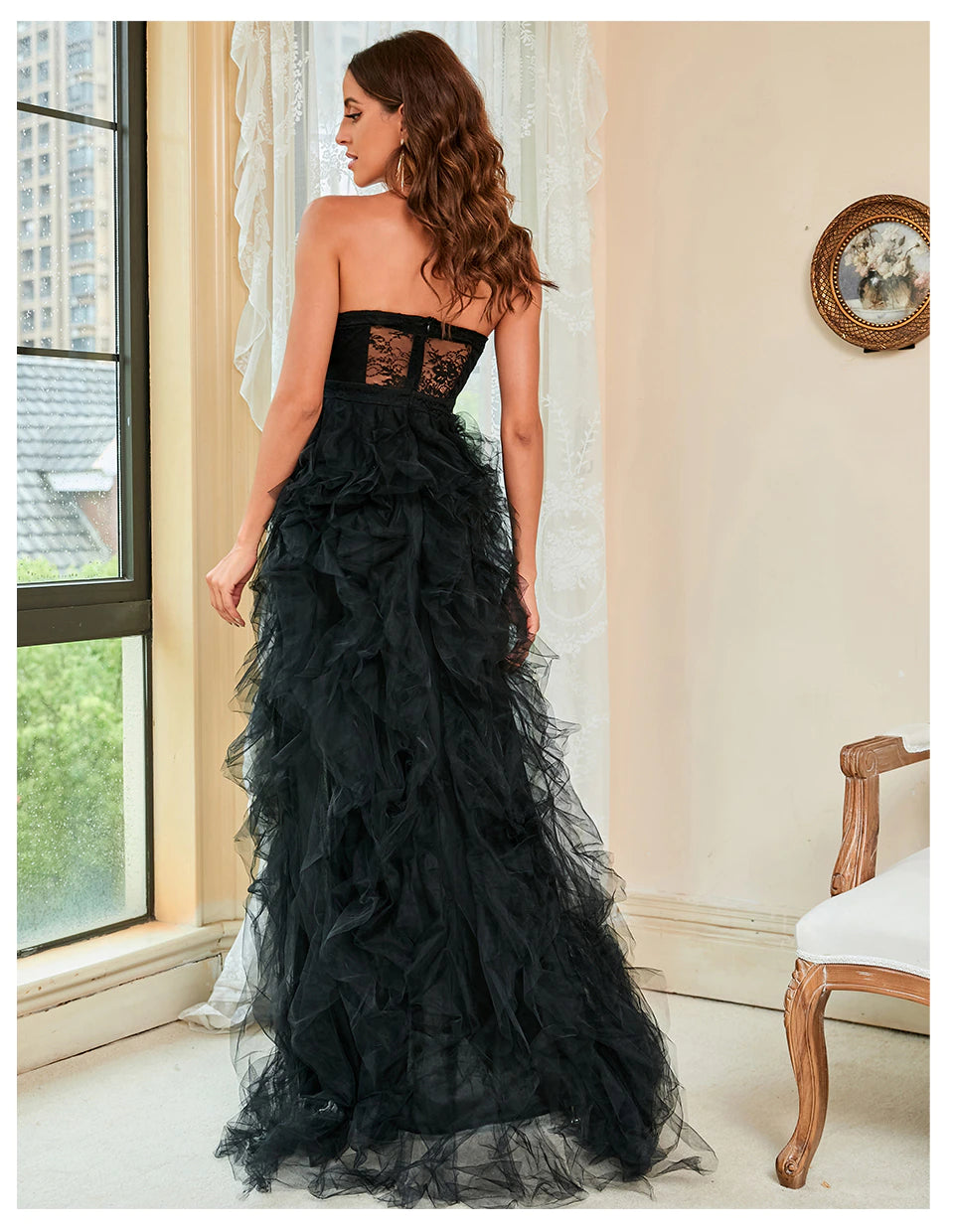 Elegant Evening Strapless Sleeveless A-shaped Floor-Length Lace Dress