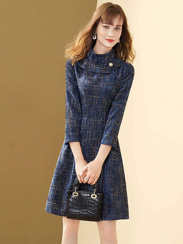 Blue Plaid Woolen Half-high Collar A-line Office Dress