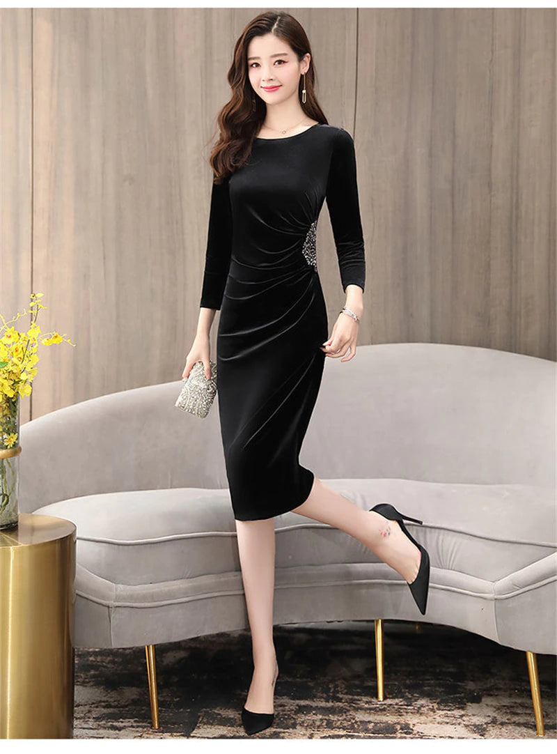 Elegant Long Sleeve Slim Pleated Sequin Velvet Dress