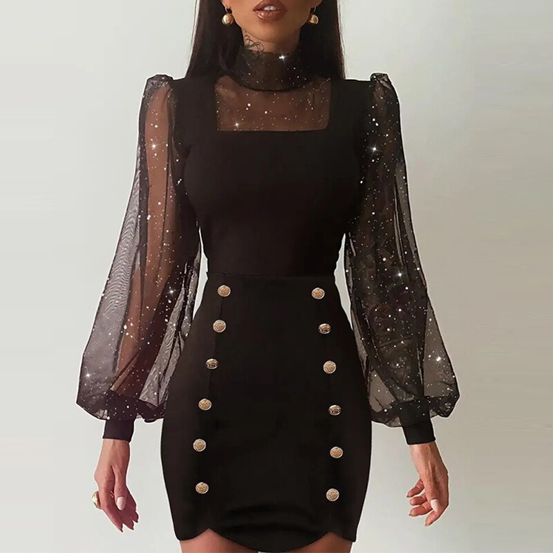 Casual Puff Long Sleeve Shiny Mesh Solid Bodycon Dress