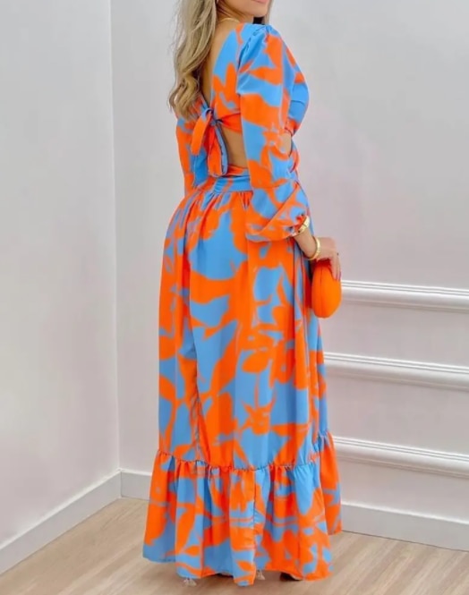 Long Sleeved Cutout V-Neck Twist Summer Elegant Tie Dyed Floral Printed Lantern Sleeve Split Maxi Dress