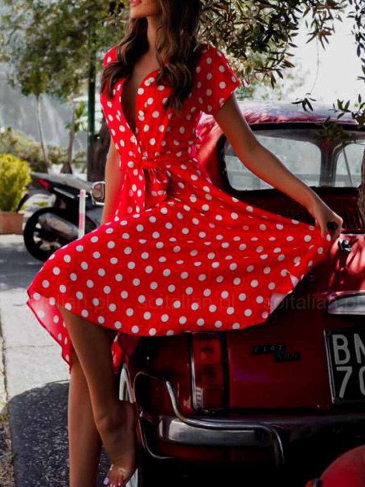 Vintage Polka Dot Print V-Neck Button Lace-up Party Dress