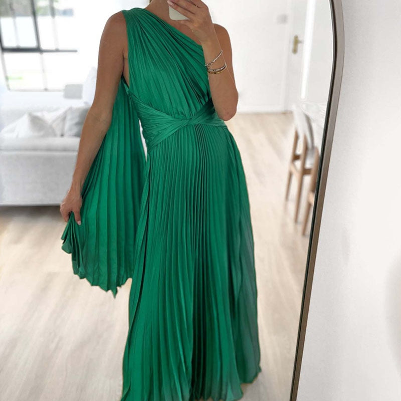 Sexy Off Shoulder Oblique Collar Pleated Maxi Dress