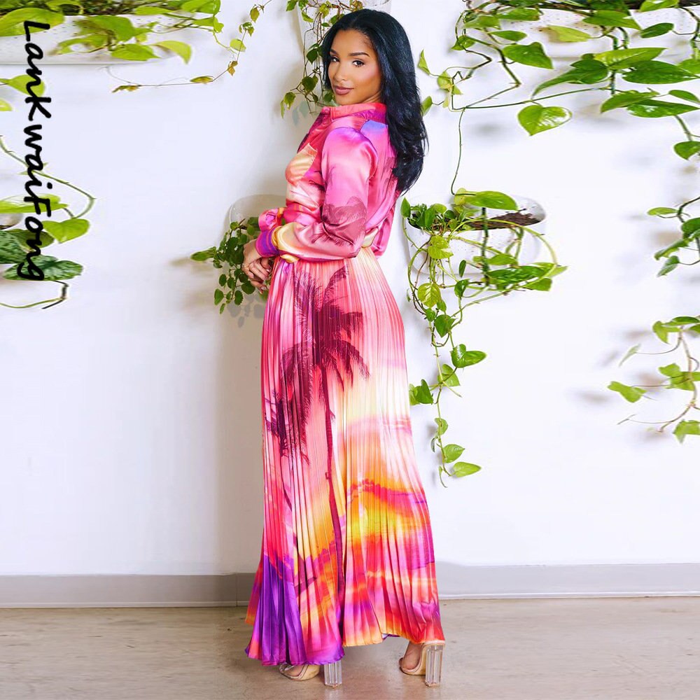 Vintage Tie Dye Leaf Printed Long Sleeve Shirt and Pleated Maxi Skirt