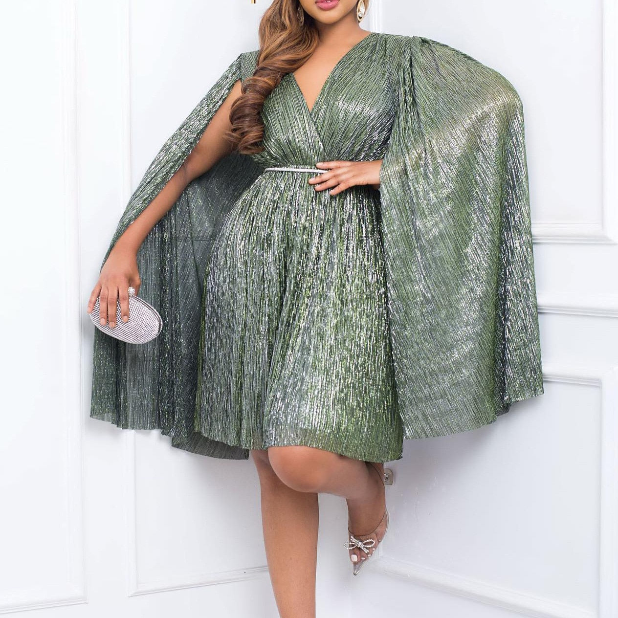 Elegant Pleated V Neck Ruched Formal Party Cloak Mini Dresses