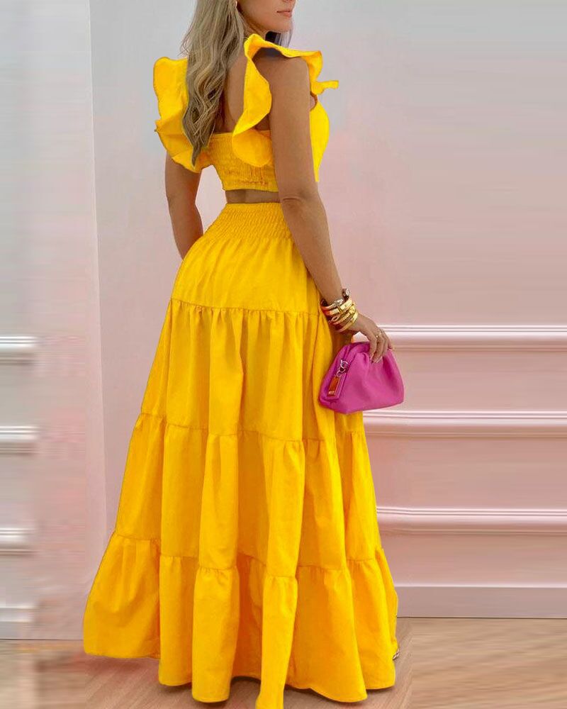 Summer Crop Top & High Waist Loose Maxi Skirts Set