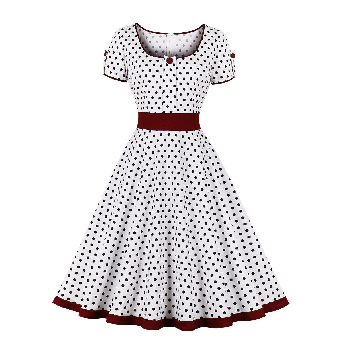 French Style Vintage Swing White Tunic Short Sleeve Cotton Polka Dot Print Rockabilly Flare Dress