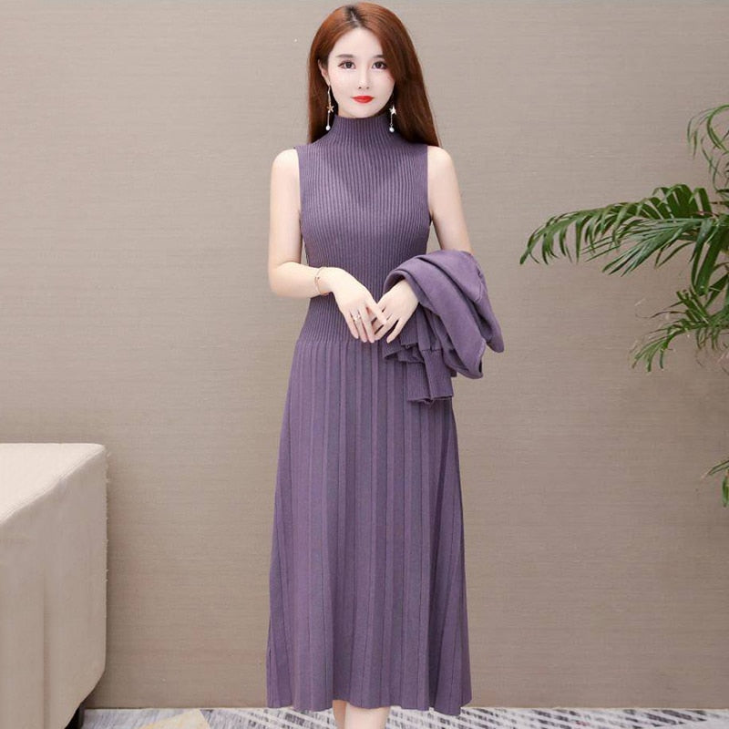 Casual Half Turtleneck Sleeveless Mid-Length Knitted Dress And Solid Pullover Sweater Suit