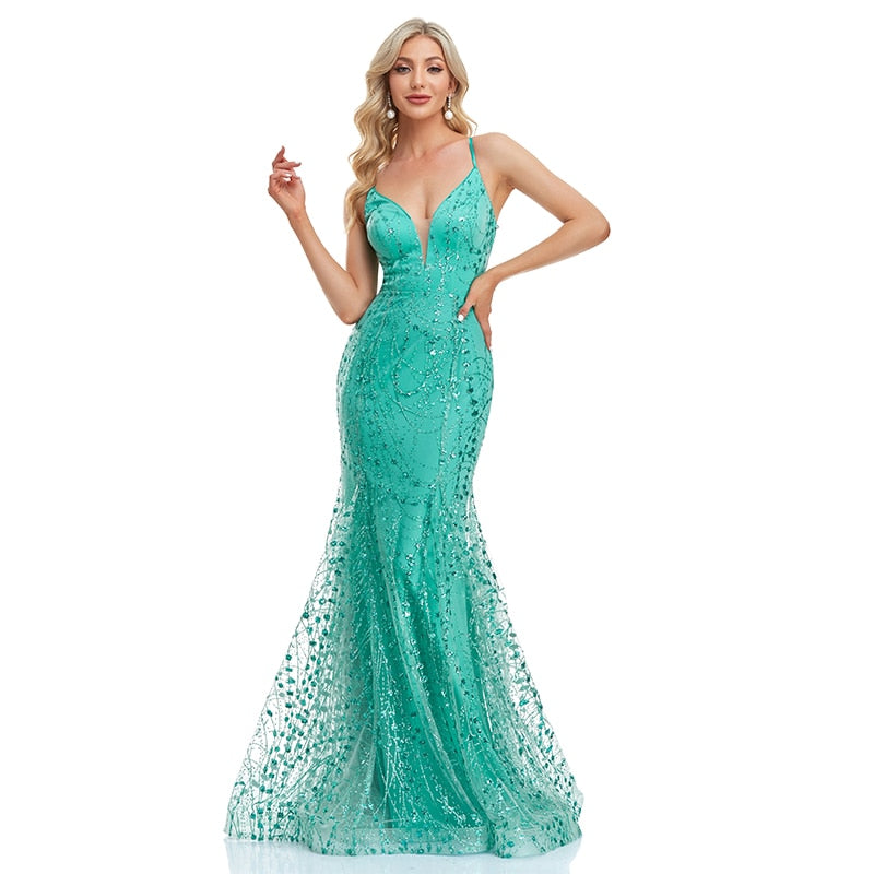 Sequin Sparkly Luxury Spaghetti Straps Mermaid Elegant Green Bodycon Backless Bandage Evening Dresses