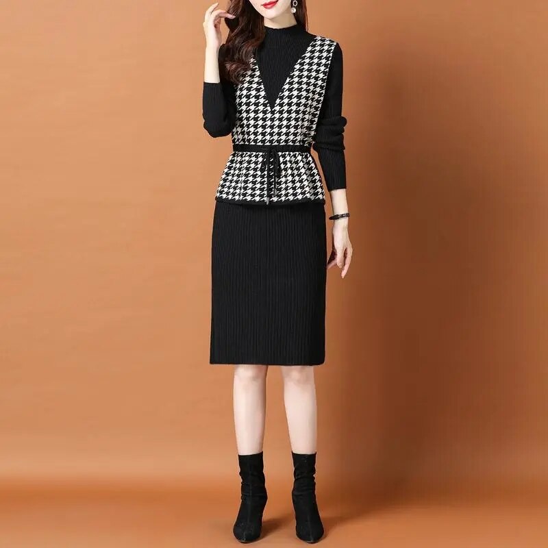 Vintage Plaid Patchwork Fake Two Piece Knitted Dress