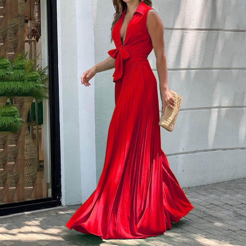 Summer Fashion V Neck Sleeveless Lapel Solid Pleated Lace Up Loose Wide Legs Jumpsuit