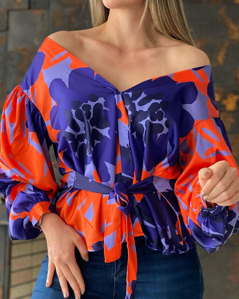 Casual All Over  Print Off  Shoulder Puff Sleeve  Blouse