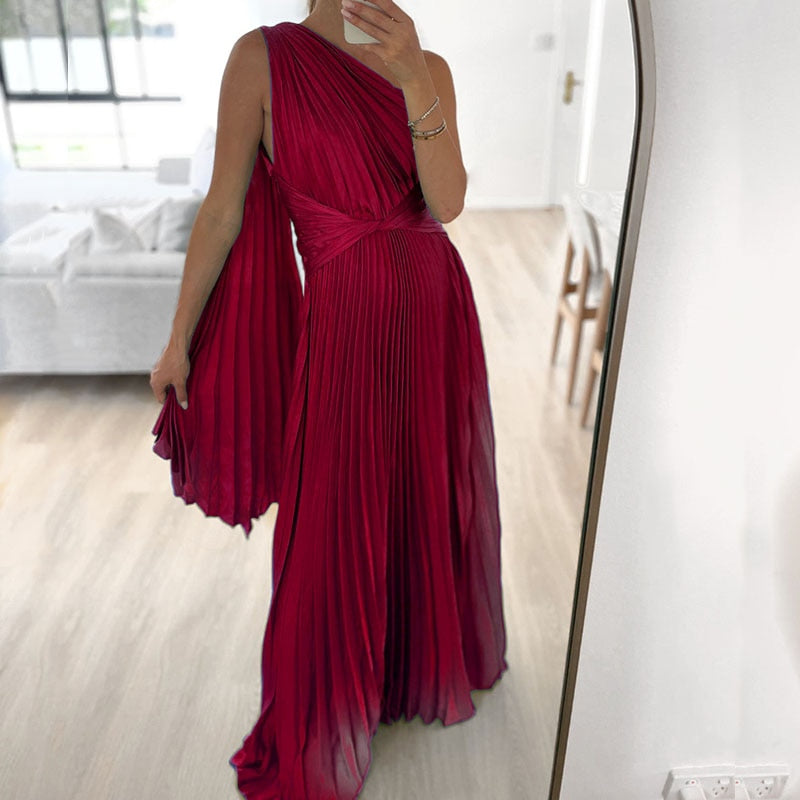 Sexy Off Shoulder Oblique Collar Pleated Maxi Dress