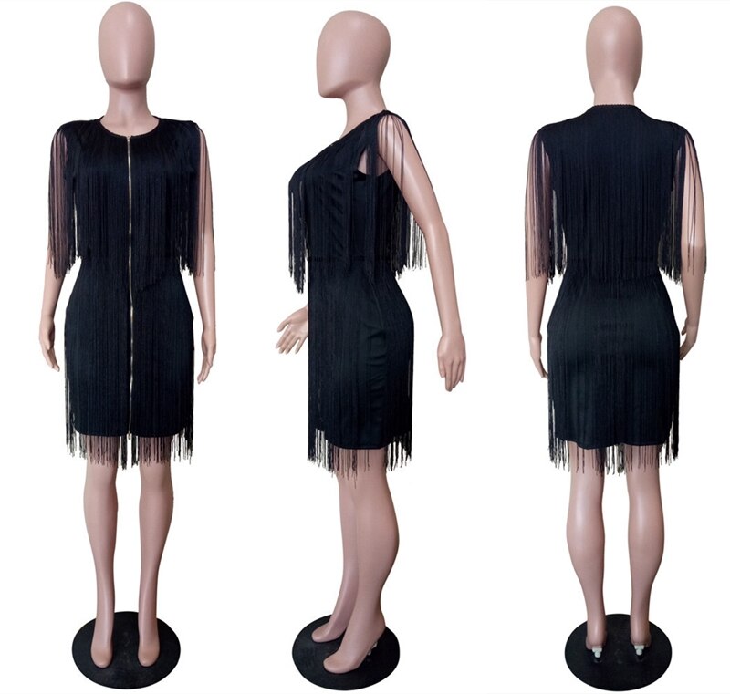 Sleeveless Front Zipper Slim Sheath Tassel Fringe y Bodycon Mini Dress